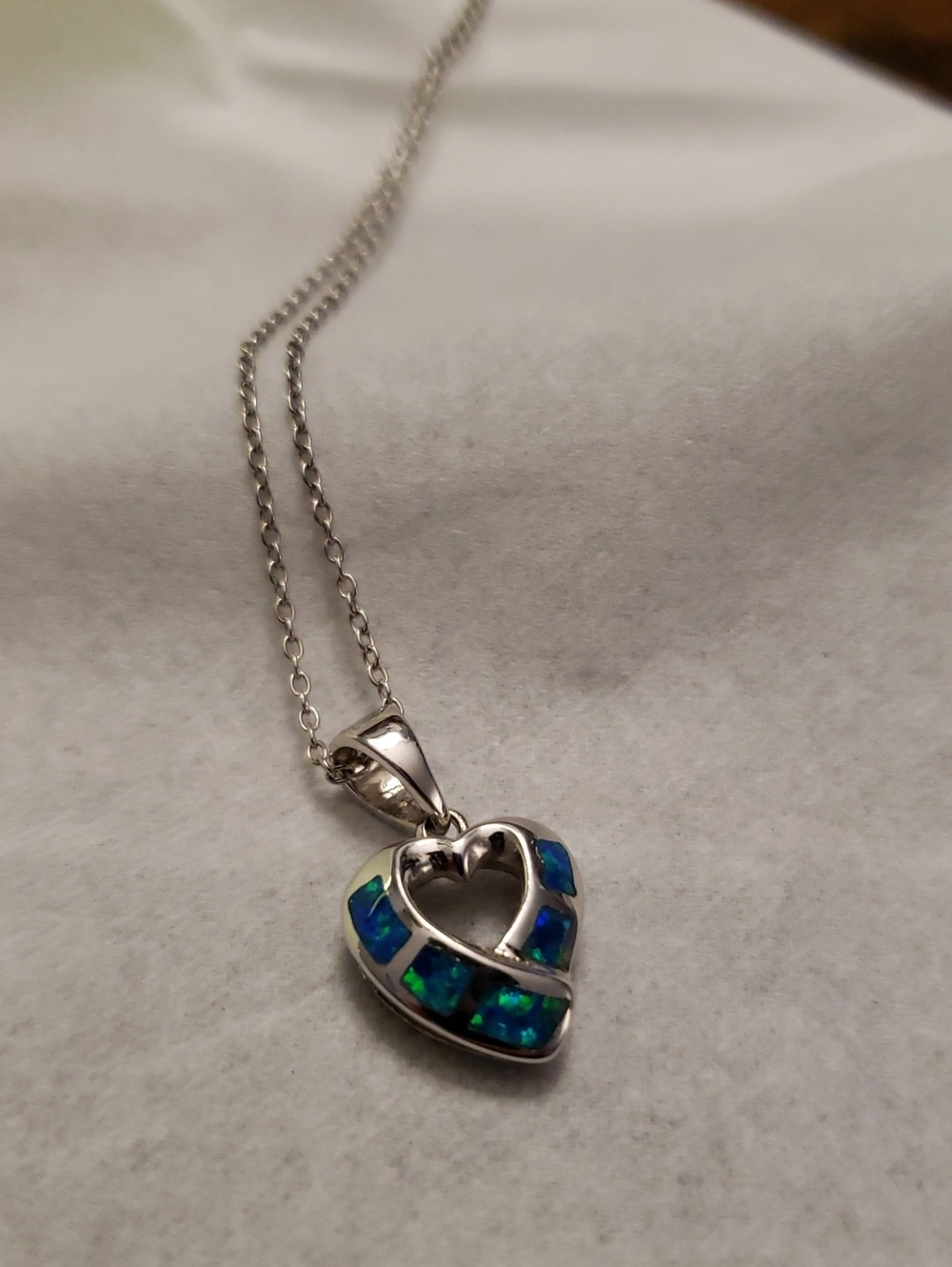 Sterling Silver Heart Pendant Necklace with Blue-Green Opal Inlay